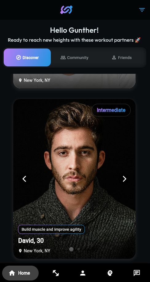 LinkUp Fitness Home Screen Dashboard